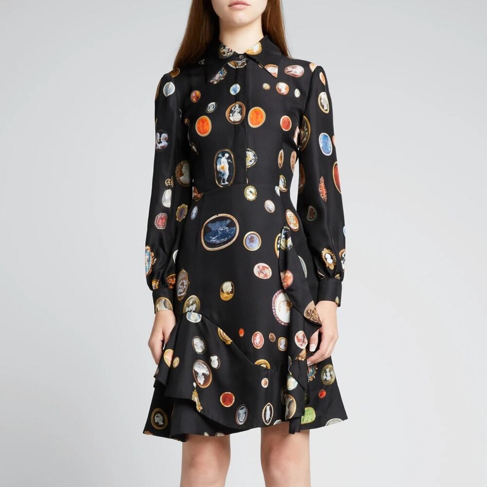 Libertine Cameos Printed Fit & Flare Ruffle Silk Dress Womens Large $2600